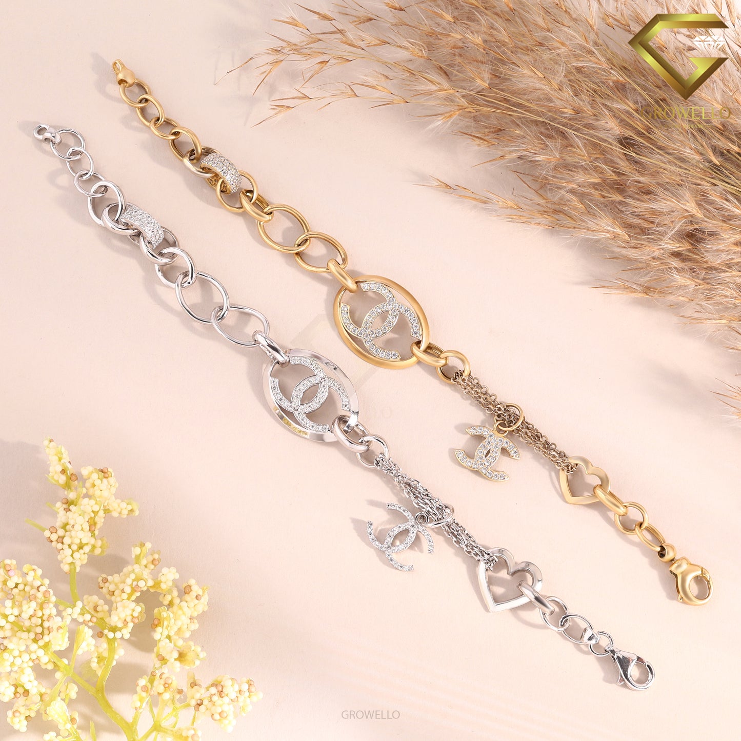 Luxury CC Style Diamond Bracelet, Chunky Chain Charm, Solid Gold, Lab Grown or Moissanite