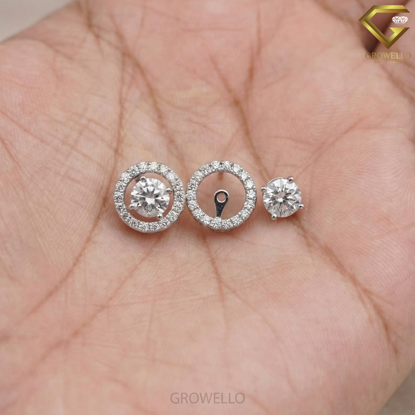 1 CT Round Convertible Earrings, 3 Way Halo Jacket, Solid Gold, IGI Lab Diamond/Moissanite