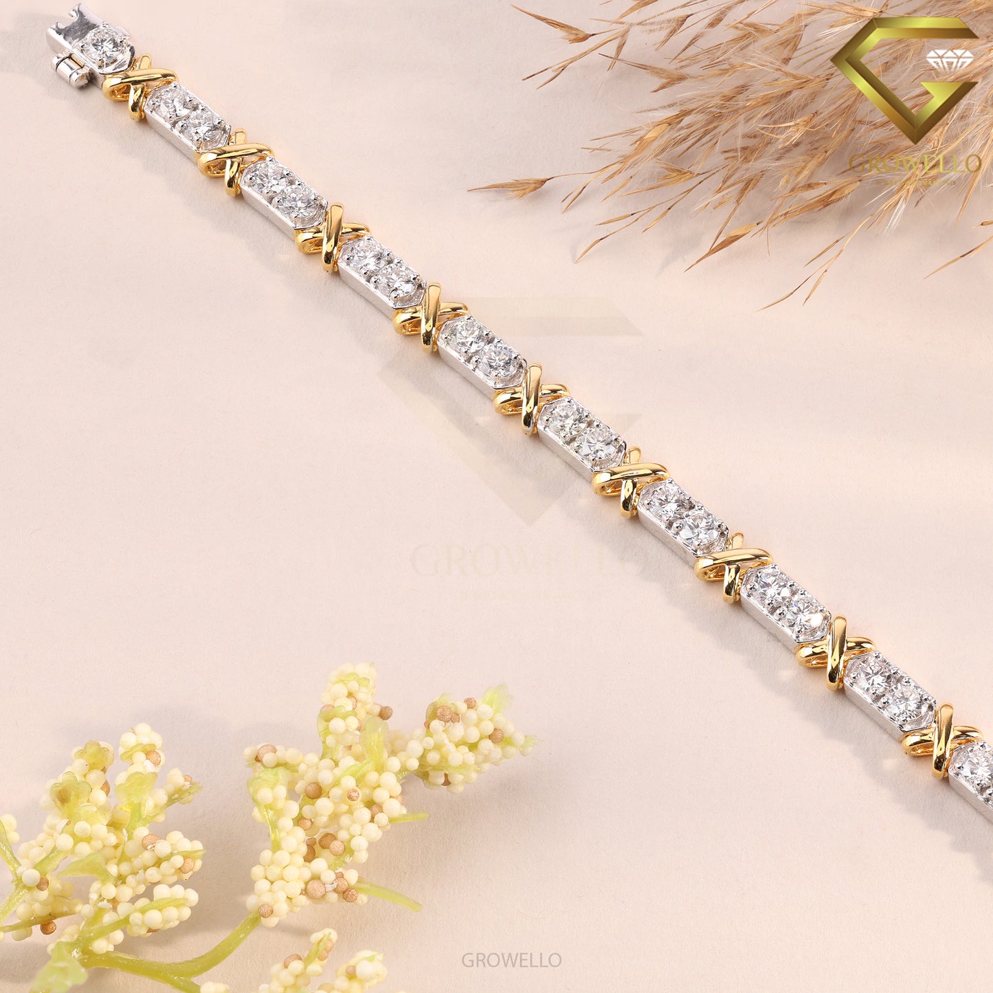 Round Diamond Link Bracelet, X Wrap Design, Solid Gold, Lab Grown Diamond or Moissanite
