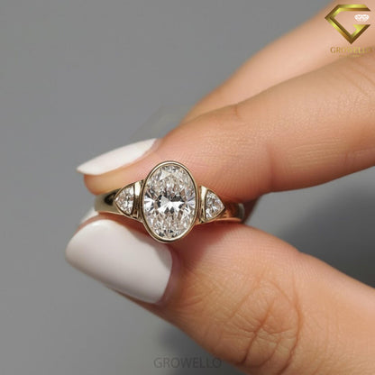 3CT Oval Three Stone Engagement Ring, Trillion Side Diamonds, Bezel Set, Solid Gold, Lab Grown Diamond or Moissanite