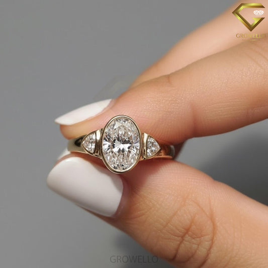 3CT Oval Three Stone Engagement Ring, Trillion Side Diamonds, Bezel Set, Solid Gold, Lab Grown Diamond or Moissanite