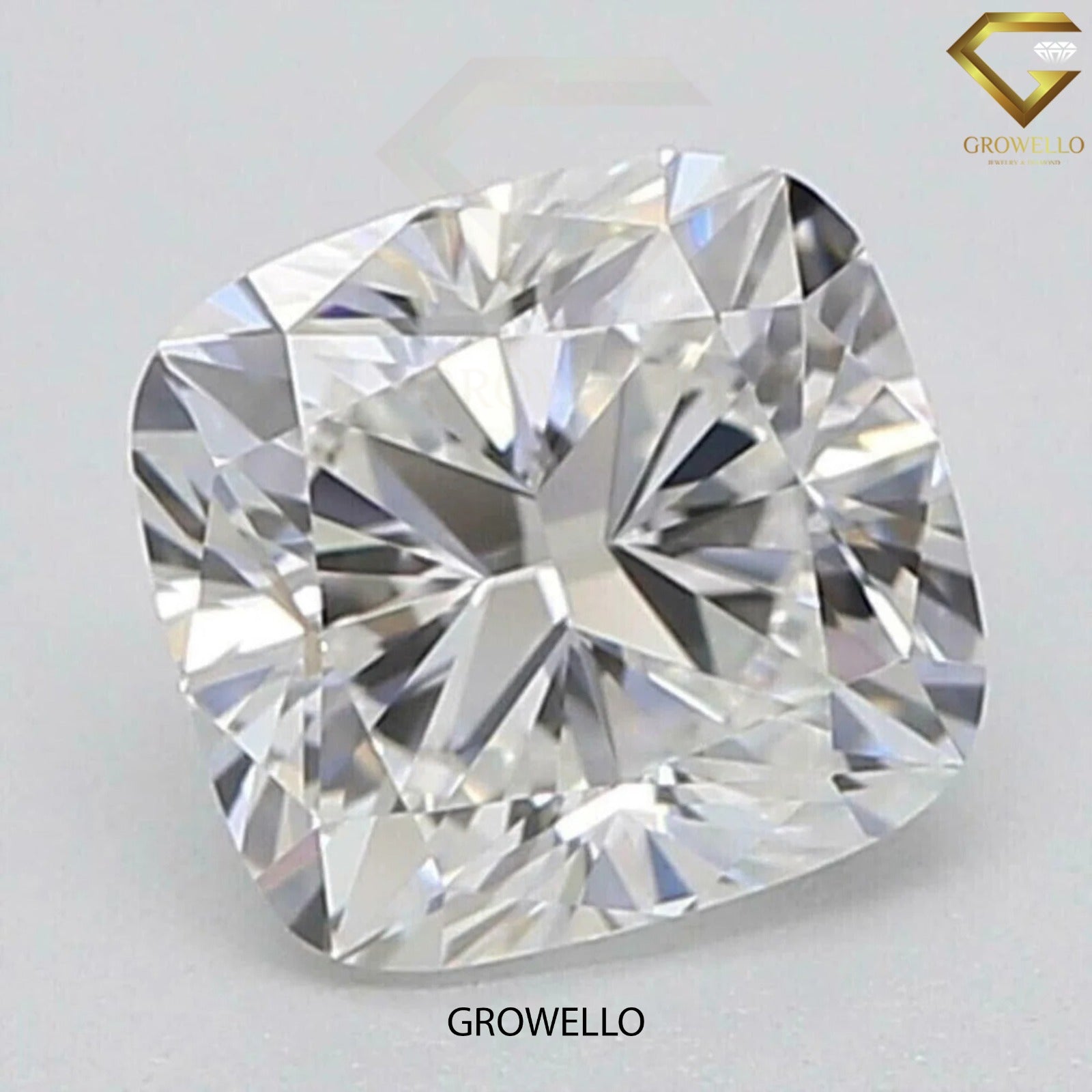 Cushion cut diamond with 'Growello' branding on a light gray background