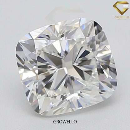 Cushion cut diamond with 'Growello' branding on a light gray background