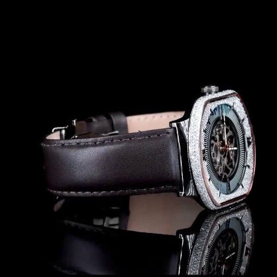 "Luxury Skeleton Dial Watch – Diamond Bezel | Roman Numeral Iced-Out Mechanical Watch for Men"
