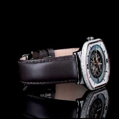 "Luxury Skeleton Dial Watch – Diamond Bezel | Roman Numeral Iced-Out Mechanical Watch for Men"