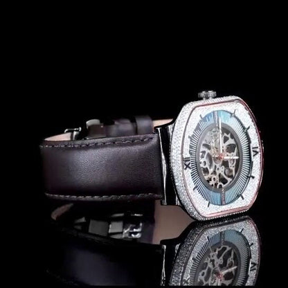 "Luxury Skeleton Dial Watch – Diamond Bezel | Roman Numeral Iced-Out Mechanical Watch for Men"