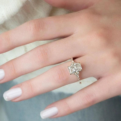 2 CT Radiant Cut Moissanite Engagement Ring, 14K Solid Gold Wedding Ring, Lab Grown Diamond Ring, Double Hidden Halo Vintage Ring For Women