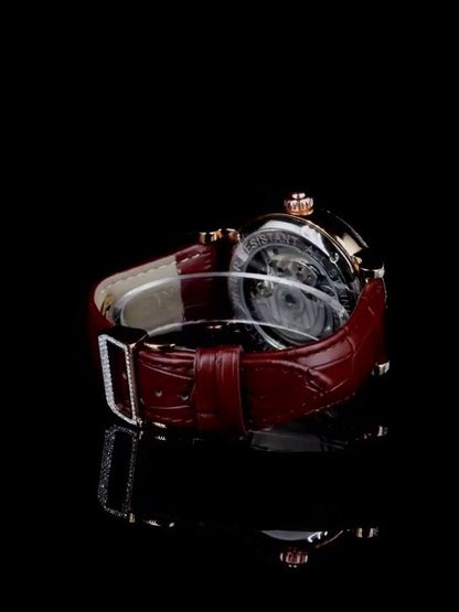 "IWC Style Diamond Bezel Automatic Watch with Skeleton Dial & Red Leather Strap – Luxury Timepiece for Men"