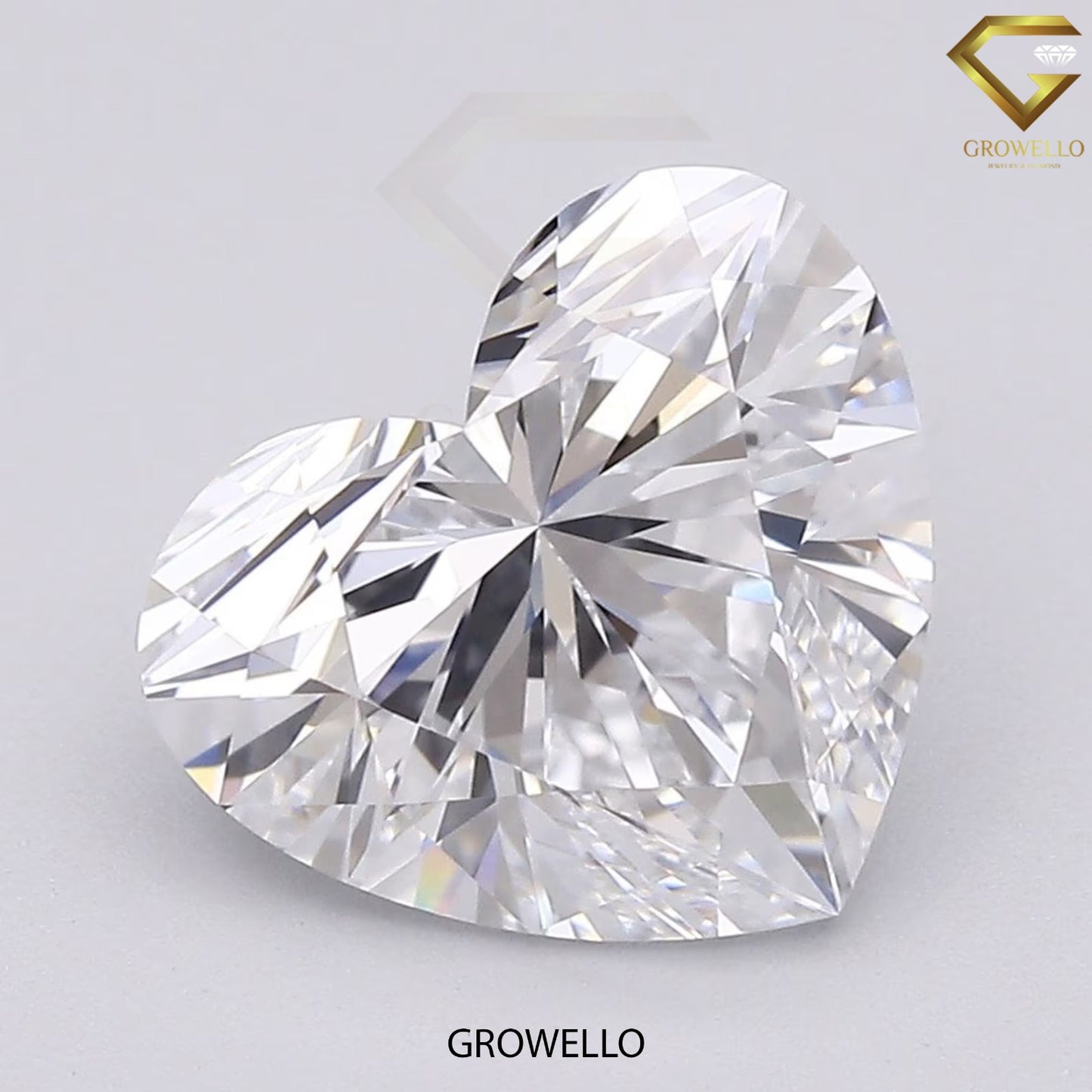 Heart-shaped diamond with 'Growello' branding on a light gray background