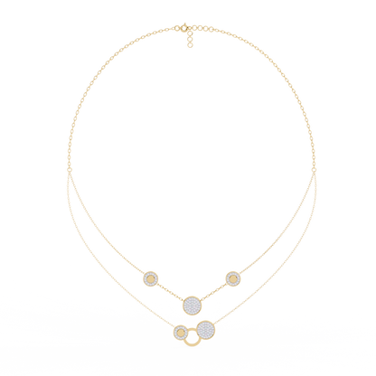 Layered Circle Station Necklace | Double-Strand Pavé Disc Dots & Interlocking Rings | Lab-Grown Diamond/Moissanite | Solid Gold or Platinum