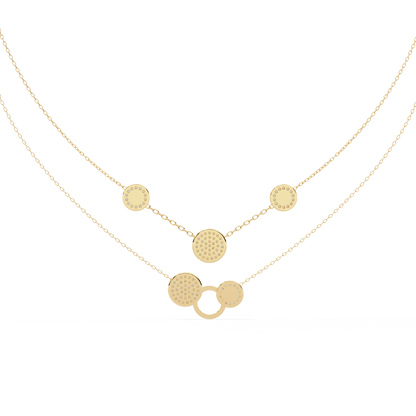 Layered Circle Station Necklace | Double-Strand Pavé Disc Dots & Interlocking Rings | Lab-Grown Diamond/Moissanite | Solid Gold or Platinum