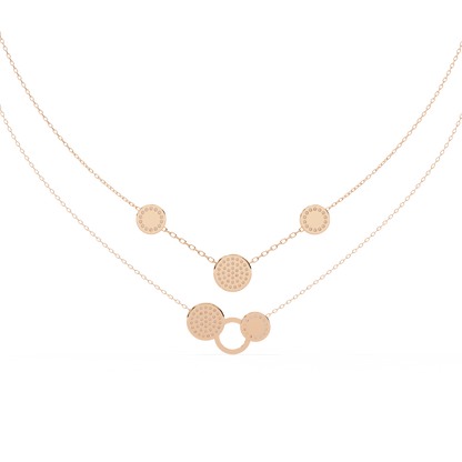 Layered Circle Station Necklace | Double-Strand Pavé Disc Dots & Interlocking Rings | Lab-Grown Diamond/Moissanite | Solid Gold or Platinum