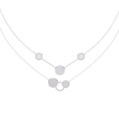 Layered Circle Station Necklace | Double-Strand Pavé Disc Dots & Interlocking Rings | Lab-Grown Diamond/Moissanite | Solid Gold or Platinum