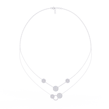 Layered Circle Station Necklace | Double-Strand Pavé Disc Dots & Interlocking Rings | Lab-Grown Diamond/Moissanite | Solid Gold or Platinum