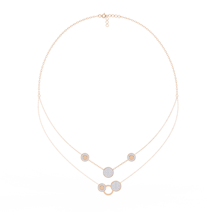 Layered Circle Station Necklace | Double-Strand Pavé Disc Dots & Interlocking Rings | Lab-Grown Diamond/Moissanite | Solid Gold or Platinum