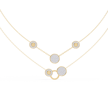 Layered Circle Station Necklace | Double-Strand Pavé Disc Dots & Interlocking Rings | Lab-Grown Diamond/Moissanite | Solid Gold or Platinum