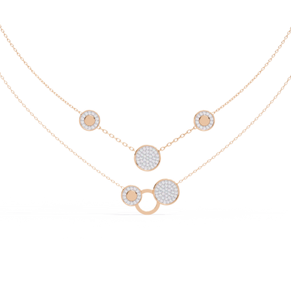 Layered Circle Station Necklace | Double-Strand Pavé Disc Dots & Interlocking Rings | Lab-Grown Diamond/Moissanite | Solid Gold or Platinum