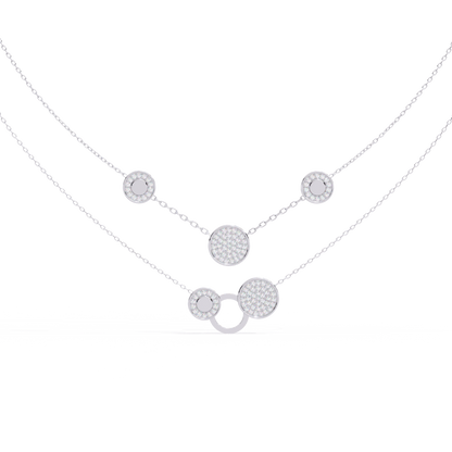 Layered Circle Station Necklace | Double-Strand Pavé Disc Dots & Interlocking Rings | Lab-Grown Diamond/Moissanite | Solid Gold or Platinum