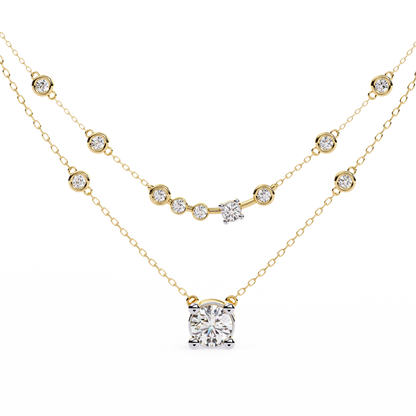 Double-Layer Diamond Necklace | 1 ct Round Solitaire + Graduated Bezel Station Bar | Lab-Grown/Moissanite | Minimal Everyday Luxe | Solid Gold/Platinum
