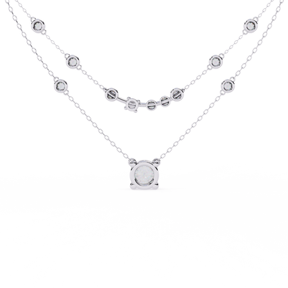 Double-Layer Diamond Necklace | 1 ct Round Solitaire + Graduated Bezel Station Bar | Lab-Grown/Moissanite | Minimal Everyday Luxe | Solid Gold/Platinum