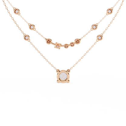 Double-Layer Diamond Necklace | 1 ct Round Solitaire + Graduated Bezel Station Bar | Lab-Grown/Moissanite | Minimal Everyday Luxe | Solid Gold/Platinum