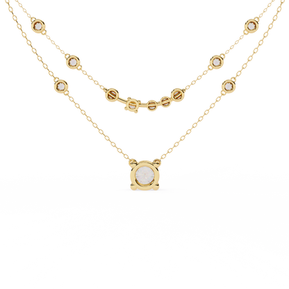 Double-Layer Diamond Necklace | 1 ct Round Solitaire + Graduated Bezel Station Bar | Lab-Grown/Moissanite | Minimal Everyday Luxe | Solid Gold/Platinum