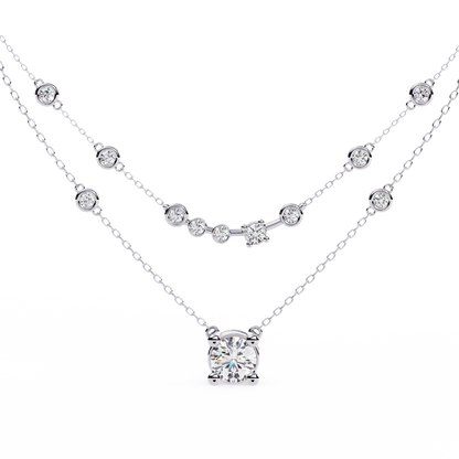 Double-Layer Diamond Necklace | 1 ct Round Solitaire + Graduated Bezel Station Bar | Lab-Grown/Moissanite | Minimal Everyday Luxe | Solid Gold/Platinum
