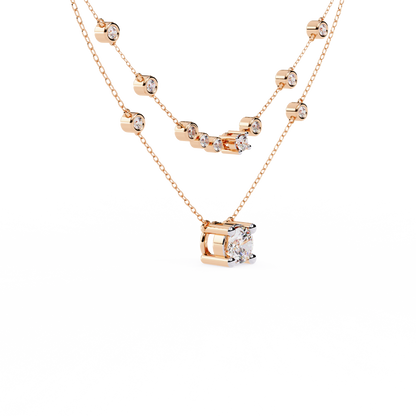 Double-Layer Diamond Necklace | 1 ct Round Solitaire + Graduated Bezel Station Bar | Lab-Grown/Moissanite | Minimal Everyday Luxe | Solid Gold/Platinum