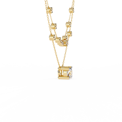 Double-Layer Diamond Necklace | 1 ct Round Solitaire + Graduated Bezel Station Bar | Lab-Grown/Moissanite | Minimal Everyday Luxe | Solid Gold/Platinum
