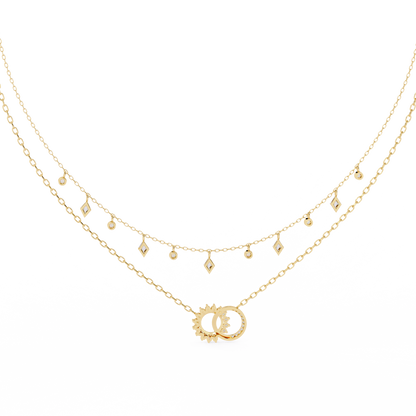 Sun & Moon Double-Layer Necklace | Interlocking Rings Pendant with Kite & Bezel Drop Stations | Lab-Grown Diamond/Moissanite | Solid Gold/Platinum