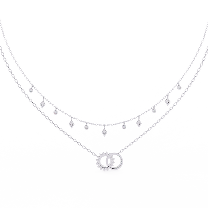 Sun & Moon Double-Layer Necklace | Interlocking Rings Pendant with Kite & Bezel Drop Stations | Lab-Grown Diamond/Moissanite | Solid Gold/Platinum