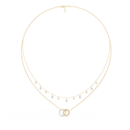 Sun & Moon Double-Layer Necklace | Interlocking Rings Pendant with Kite & Bezel Drop Stations | Lab-Grown Diamond/Moissanite | Solid Gold/Platinum