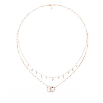 Sun & Moon Double-Layer Necklace | Interlocking Rings Pendant with Kite & Bezel Drop Stations | Lab-Grown Diamond/Moissanite | Solid Gold/Platinum