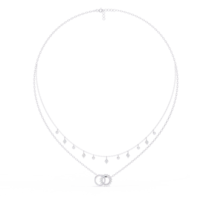 Sun & Moon Double-Layer Necklace | Interlocking Rings Pendant with Kite & Bezel Drop Stations | Lab-Grown Diamond/Moissanite | Solid Gold/Platinum