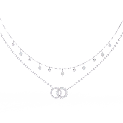 Sun & Moon Double-Layer Necklace | Interlocking Rings Pendant with Kite & Bezel Drop Stations | Lab-Grown Diamond/Moissanite | Solid Gold/Platinum