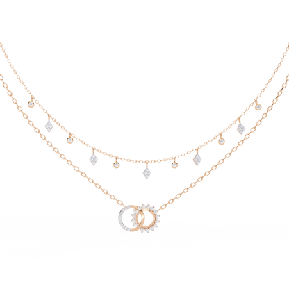 Sun & Moon Double-Layer Necklace | Interlocking Rings Pendant with Kite & Bezel Drop Stations | Lab-Grown Diamond/Moissanite | Solid Gold/Platinum