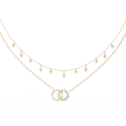 Sun & Moon Double-Layer Necklace | Interlocking Rings Pendant with Kite & Bezel Drop Stations | Lab-Grown Diamond/Moissanite | Solid Gold/Platinum