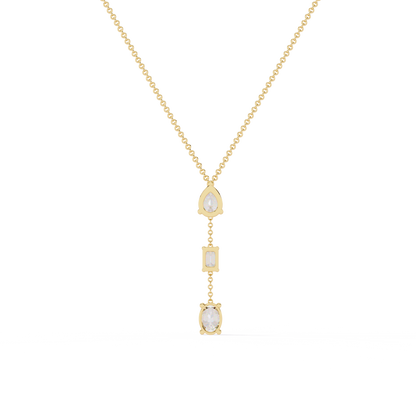Trinity Drop Necklace | Pear–Emerald–Oval Diamond Stones on Dainty Y Chain | Minimal Lariat Pendant for Women, Elegant Everyday Gift