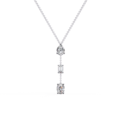 Trinity Drop Necklace | Pear–Emerald–Oval Diamond Stones on Dainty Y Chain | Minimal Lariat Pendant for Women, Elegant Everyday Gift