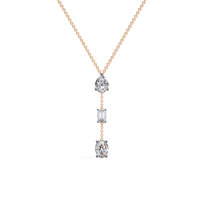 Trinity Drop Necklace | Pear–Emerald–Oval Diamond Stones on Dainty Y Chain | Minimal Lariat Pendant for Women, Elegant Everyday Gift