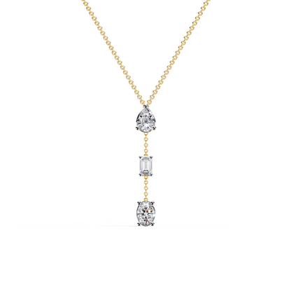 Trinity Drop Necklace | Pear–Emerald–Oval Diamond Stones on Dainty Y Chain | Minimal Lariat Pendant for Women, Elegant Everyday Gift