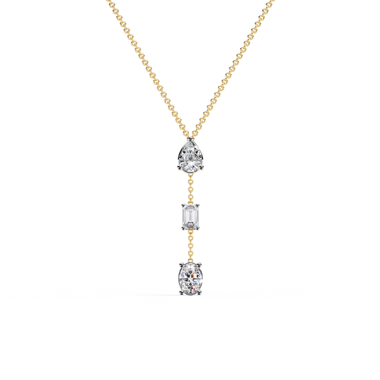 Trinity Drop Necklace | Pear–Emerald–Oval Diamond Stones on Dainty Y Chain | Minimal Lariat Pendant for Women, Elegant Everyday Gift