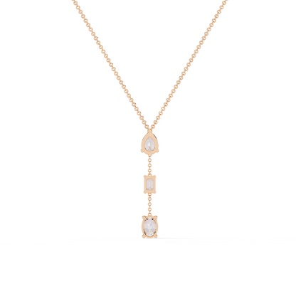 Trinity Drop Necklace | Pear–Emerald–Oval Diamond Stones on Dainty Y Chain | Minimal Lariat Pendant for Women, Elegant Everyday Gift