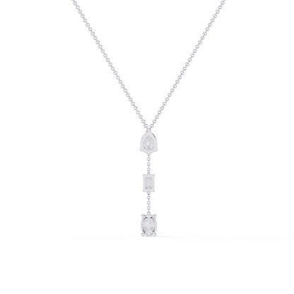 Trinity Drop Necklace | Pear–Emerald–Oval Diamond Stones on Dainty Y Chain | Minimal Lariat Pendant for Women, Elegant Everyday Gift