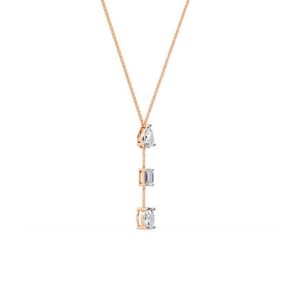 Trinity Drop Necklace | Pear–Emerald–Oval Diamond Stones on Dainty Y Chain | Minimal Lariat Pendant for Women, Elegant Everyday Gift