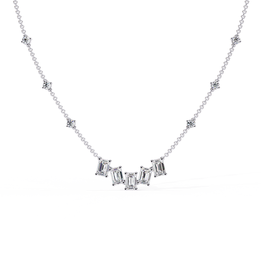 Emerald-Cut Baguette Station Necklace – Five-Stone V Cluster with Sparkle Stations, Adjustable Layering Chain, Minimal Everyday Luxury Gift