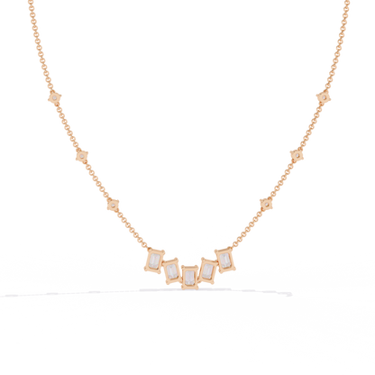 Emerald-Cut Baguette Station Necklace – Five-Stone V Cluster with Sparkle Stations, Adjustable Layering Chain, Minimal Everyday Luxury Gift
