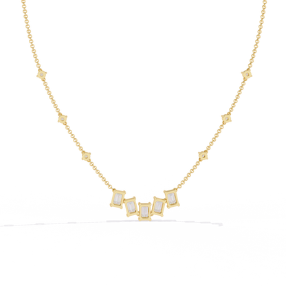 Emerald-Cut Baguette Station Necklace – Five-Stone V Cluster with Sparkle Stations, Adjustable Layering Chain, Minimal Everyday Luxury Gift