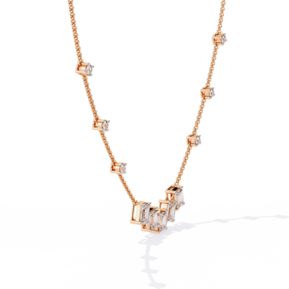 Emerald-Cut Baguette Station Necklace – Five-Stone V Cluster with Sparkle Stations, Adjustable Layering Chain, Minimal Everyday Luxury Gift