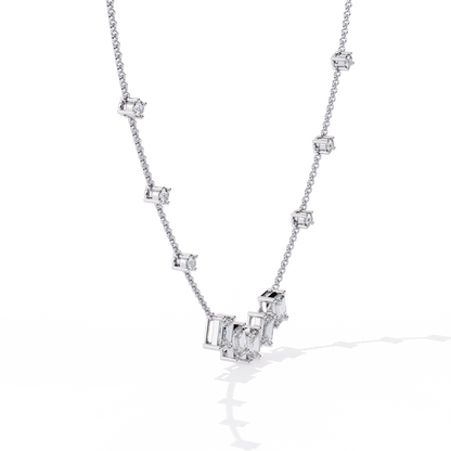 Emerald-Cut Baguette Station Necklace – Five-Stone V Cluster with Sparkle Stations, Adjustable Layering Chain, Minimal Everyday Luxury Gift
